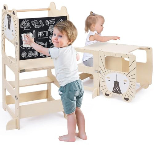 Kids Step Stool, Kitchen Stool Helper for Toddlers, Learning Wooden Tower with Chalkboard, Foldable Toddler Table and Chair Set, 2 in 1 Helper Standing Tower with Message Boards for 18M+