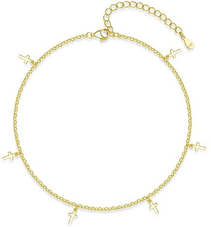 Bewenda Silber Kreuz Fußkettchen für Frauen, Sterling Silber 925 Damen Fußspange, 22+5cm Lang Gold Flexibel Verstellbar Fusskette Armband, Wasserfest Sommer Barfuß Strand Fußbändchen Knöchel-Kette