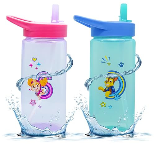 2Pcs Paw Patrol Chase and Skye Printed Straw Sippers, 420ml Plastic Water Bottles 16cm, Pop-up Silicone Straw, BPA-Free for Kids 6+ Months