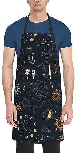 Wizfuyq Delantal de flamenco para hornear, novedad para cocinero, regalo para barbacoa, parrilla, con 2 bolsillos, delantal de cocina, Sol Luna Estrella, talla única