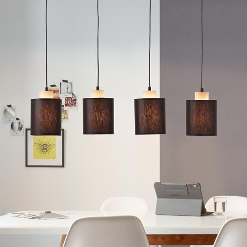 4 flammige Hängelampe - skandinavische Pendelleuchte mit schwarzen Stoff Schirmen & kürzbarem Kabel - 111 x 80 x 13 cm - E27 Fassung - aus Metall/Textil/Holz aus Stieleiche - in Schwarz/Braun