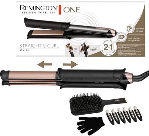 Remington Plancha de pelo y rizador Profesional ONE, 2 en 1, Cerámica Avanzada y Turmalina Antiestática, placa alisadora de 110 mm, barril rizador de 32 mm, digital, hasta 230ºC - S6078