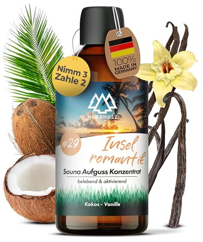 NORDHOLZ® Saunaaufguss [54 Sorten 15ml, 100ml, 250ml] - Sauna Aufgussmittel für intensive & erholsame - Sauna Zubehör (#29 Inselromantik, 100ml)