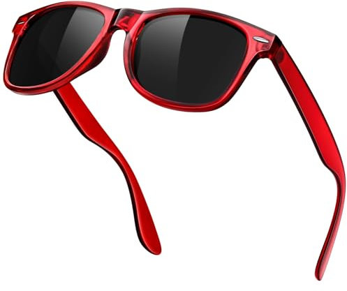 KANASTAL Polarisiert Sonnenbrille Herren Damen Retro Klassische Rectangular Sonnenbrille UV400 Schutz für Fahren Wandern Golf Angeln, Rot Transparent Rahmen Grau Gläser
