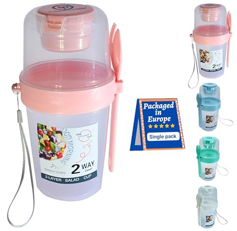 TradeProvider® Reusable Yogurt Cups with Lid Fork Lanyard 560ml/19Oz Clear 3 in 1 Cereal Pot Salad Juice Milk Cup 100% BPA Free Breakfast Bowl (PinkPot)