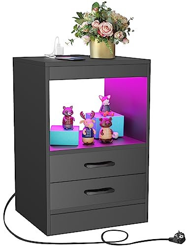 PIPIPOXER Nachttisch mit Ladefunktion, LED Nachttisch Schwarz mit 2 Schubladen und Hochglanz Kommode, Nachtschrank Nachttisch mit LED 16 Farben Beleuchtung Beistelltisch für Wohnzimmer, 40x35x60cm
