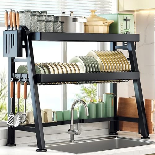Escurridor de platos sobre el fregadero, 2 niveles completo de acero inoxidable 304 escurridor de platos grande para suministros de cocina, estante de almacenamiento de encimera, soporte de