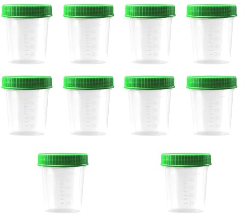 HaseMed Lot de 10 gobelets à urine de qualité supérieure - 125 ml - Couvercle à visser - Vert - Gradué jusqu'à 100 ml - Anti-fuite - Inscriptible - Passe au congélateur