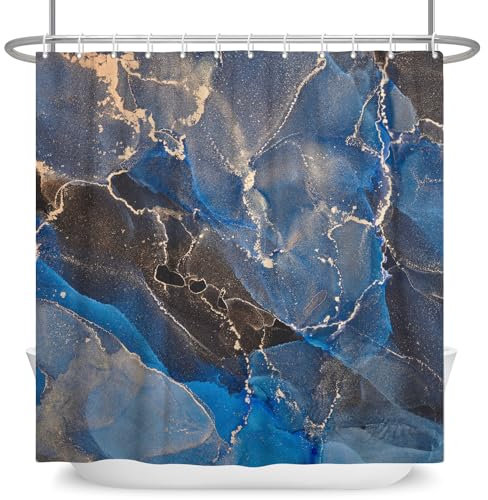 ASDCXZ Marmor Duschvorhang 180x200 cm, Modern Abstrakt Kunst Blau Schwarz Gold Marmor Optik Textur Waschbar Bad Duschvorhänge Polyester Textil Wasserdicht Duschvorhang für Badewanne mit 12 Haken