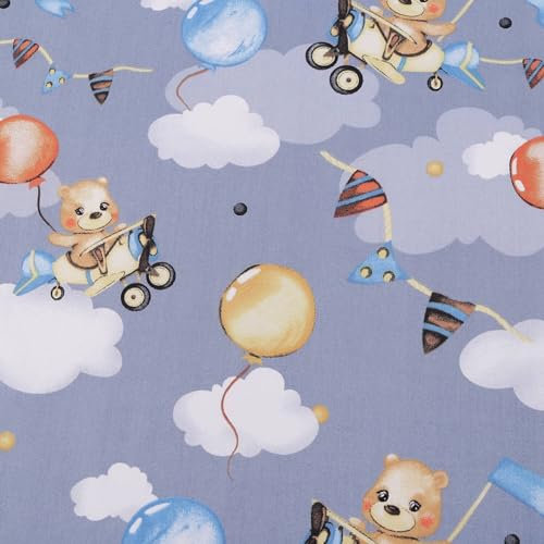 Baumwollstoff mit Kindermotiv, 1,6m x 0,5m, 100% Baumwolle, modische Muster für Bettbezüge, Kissen, Decken, Vorhänge uvm. - Motiv: Bärchen im Flugzeug