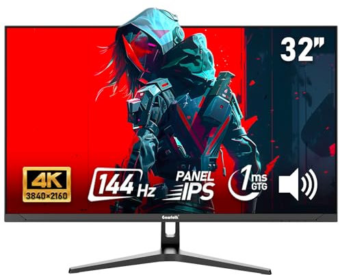 Gawfolk 32 inch IPS PC Screen,4K UHD,144Hz Gaming Monitor, 1ms,FreeSync, 100% sRGB,178° wide viewing angle,Built-in speakers、HDMI2.1、DisplayPort, Compatible with Mural VESA75*75MM - Black