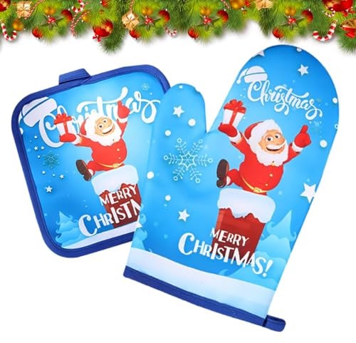 2 Stücke Weihnachten Ofenhandschuhe und Topflappen Modernes Weihnachten Topflappen Handschuh Set Weihnachtsmann Muster Hitzebeständige Grillhandschuhe aus Baumwolle für Kochen Grillen (Blau)