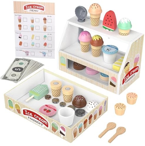 Eisdiele Kinder Holz, 49 Stück Kaufladen Zubehör Kinderküche, Spielküche Zubehör, Rollenspiele Holzspielzeug mit Spielgeld, Spielzeug ab 2 3 4 5 6 Jahre Jungen Mädchen, Geschenke für Weihnachten