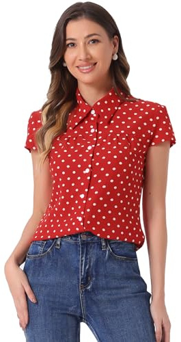 Allegra K Chemise Femme à Pois Vintage Col Revers Manches Courtes Style Décontracté pour Bureau et Rendez-Vous