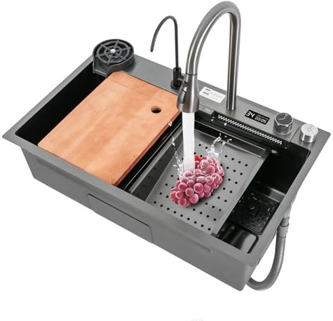 75 x 46 x 20 cm fregadero de cascada con pantalla digital, fregadero de cocina multifuncional con grifo extraíble para limpiar los platos de verduras