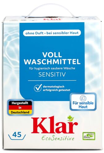 Klar EcoSensitive Vollwaschmittel SENSITIV, 12 x 2,475kg - ohne Duftstoffe | 540 Ladungen Waschmittel Pulver mit Waschnuss für Weißes & Farbechtes bei 30-95°C - Für sensible Haut & Allergiker, vegan
