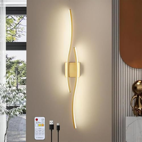 LED Applique Murale Rechargeable USB avec Télécommande Lampe Murale Dimmable avec Fonction Minuteur Éclairage Mural Sans Fil Alimentée Batterie Magnétique Luminaire Mural pour Salon (Doré,1 Pièce)