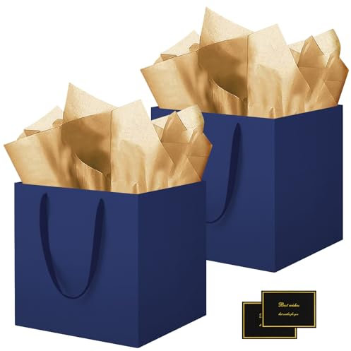 HONTIUS Geschenktüten Groß, 11.8 Quadratische Geschenktüten Geschenktüte xxl mit Taschentuch und Karten, Lächeln Geschenk Tüte Papiertüten mit Henkel 30 * 30 * 30cm Gift Bag Bags 2 Stück Blau