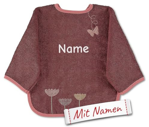 LALALO Sterntaler Blumen/Schmetterling Lätzchen mit Namen bestickt für Baby mit Ärmel, Ganzkörper Beikost Ärmellätzchen für Kinder