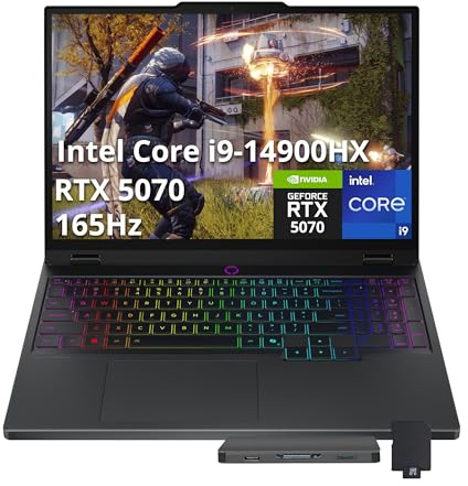 Lenovo Legion 5 16 WQXGA 165Hz Gaming Laptop, Intel i9-14900HX, 32GB DDR5, 1TB SSD, NVIDIA GeForce RTX 4070 8GB GDDR6, tastiera retroilluminata RGB, Wi-Fi 6E, Windows 11 Pro, grigio, set docking