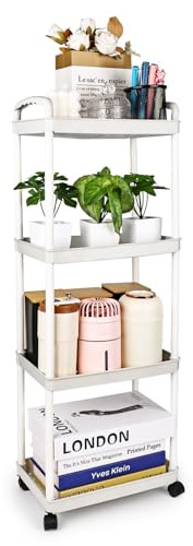 smtfcty Aufbewahrungswagen mit 4 Ebenen, Kunststoff, Rollregal, mobiles Aufbewahrungsregal, Organizer, Mehrzweckwagen, Snackwagen, Trolley für Küche, Bad, Waschküche, Schlafzimmer, Weiß mit Haken