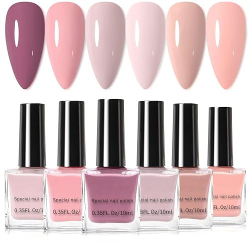 Nude Nail Varnish Set - 6 Gel Nail Colours Nude Beige Pink - Neutral Nail Polish Quick Dry - Pastel Nail Polish Set Long Lasting - Nail Varnish Sets for Women Manicure Art DIY