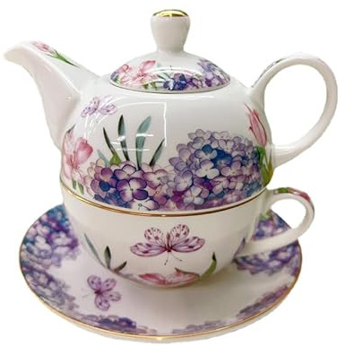 AHKALVTE Porcelain Tea for One Set Beautiful Flower Ceramic Teapot with Cup Gifted Box (Hydrangea)