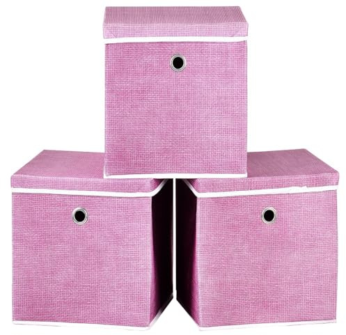 A406 Foldable Storage Cube Boxes Set of 3 Fabric Storage Boxes with Lids, Space Saving Fabric Cube Storage Boxes for Clothes, Toys, Storage Organiser (Pink, 27x27x27cm)