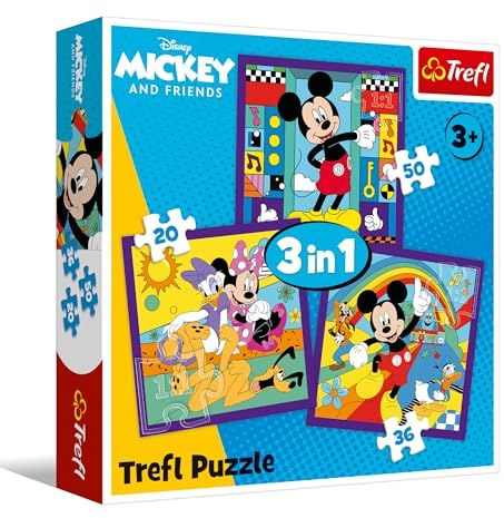 Trefl - Puzzle von 20 bis 50 3-in-1: Mickey und Seine fröhliche Truppe, 3+ | Set mit 3 Puzzles Märchenfiguren Förderung von Konzentration und Beobachtungsvermögen hohe Qualität