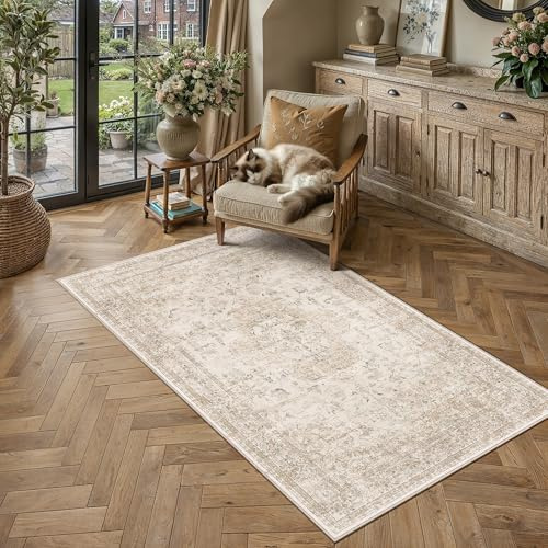 PureCozy Waschbarer Teppich Wohnzimmer 80x150cm Vintage Teppiche，Beige | Weich Kurzflor Groß Carpet, Rutschfest, Leicht, Schlafzimmer, Esszimmer, Büro, Kinderzimmer