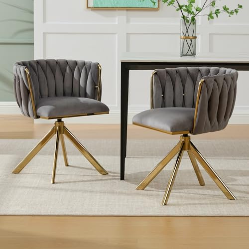 Ligterra Esszimmerstühle 2er Set, Esstisch Stühle, Küchenstuhl, Sessel mit Velvet-Schwerlastmetallgestell, 180°-Schwenkfunktion, für Esszimmer, Wohnzimmer, Büro, 56×50×70cm (Grau+Gold)