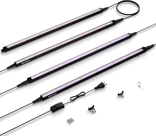 Maygrove LED Pflanzenlampe 60cm, Dimmbare Vollspektrum, Schwarz, 4er | Grow Lampe 440nm, 660nm & UV-A Spektrum, Rot-Blau Pflanzenlicht Streifen, für Wachstum Sukkulenten, 2 Modi