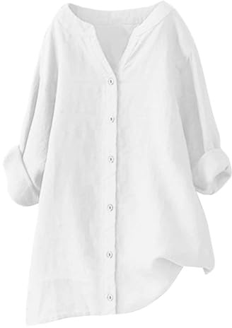 Ladies Cotton Linen Shirts Womens Blouse Summer Linen Tops Long Sleeve Shirts Cotton Linen Button Down Blouses Casual V Neck Roll Up Tunic Shirt Comfy Solid Loose Fit Tops Casual T-Shirt