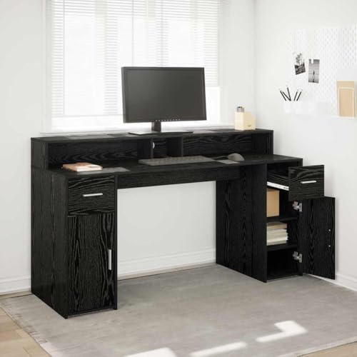 XHNIFBN LED Schreibtisch Schwarze Eiche 160 x 55 x 91 cm Holzwerkstoff mit Beleuchtung, Schubladen & Regal Moderner Bürotisch für Home Office Gaming & Living Room