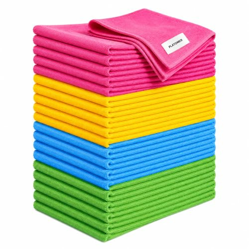 PLATOMER Microfibre Cleaning Cloths 40 x 40 cm (Pack of 24), Premium 320 GSM Lint Free Cleaning Cloths, Reusable Non Scratch Microfiber Towels for Glass, Car, Kitchen, Bathroom & Home Cleaning