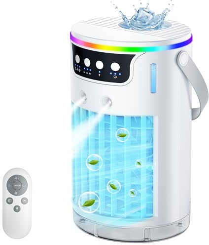 4 IN 1 Portable Air Conditioner, Mini Air Conditioner with 3 Mist Levels & 3 Speeds, 1200ML Mini Evaporative Air Coolers for Bedroom Nightstand Office Dorm, Quiet, Timer