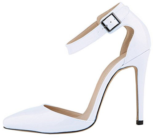 Minetom Escarpins Sandale Bride Cheville Boucle Vernis PU Cuir Bout Pointu Talon Aiguille Chaussure de Soirée Mariage Sexy Mode Talon 11 Cm Femme Blanc EU 40
