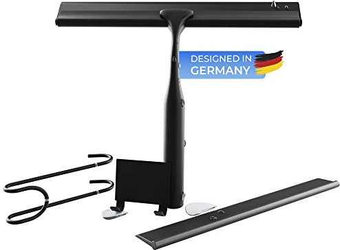 LUXOASIS® Duschabzieher Set mit Klebe-Halterung ohne Bohren - Schwarz 25 cm breit - inkl. Silikon Lippe, S-Haken Abzieher Dusche Badezimmer Fenster Fensterabzieher Scheibenabzieher Badabzieher…
