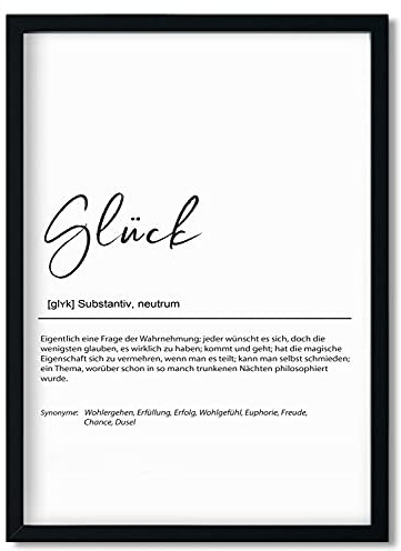 Urhome Kunstdruck Definition Glück mit Bilderrahmen Schwarz in DIN A4 - Worterklärung wie im Duden Lexikon Wandbild Wanddeko mit Spruch Holz Rahmen für Wohnung Familie Freunde Geschenk
