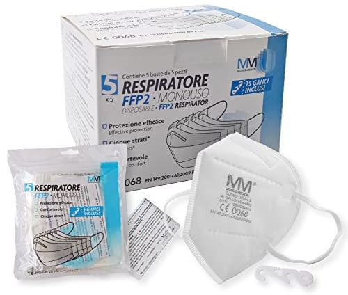 MUNUS MEDICAL - Filtrazione 100% - 25 Pezzi Mascherine monouso FFP2 con gancio adattatore a 5 STRATI con certificato CE - Dispositivo di protezione individuale di classe III con tecnologia Melt-blown
