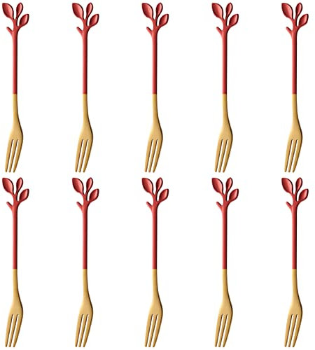 AnSaw 10-Piece Red & Gold Small Leaf Appetizer Forks Set - 4.7 Elegant Stainless Steel Fruit, Dessert, Cake & Salad Forks - Perfect for Cocktail Parties & Home Use