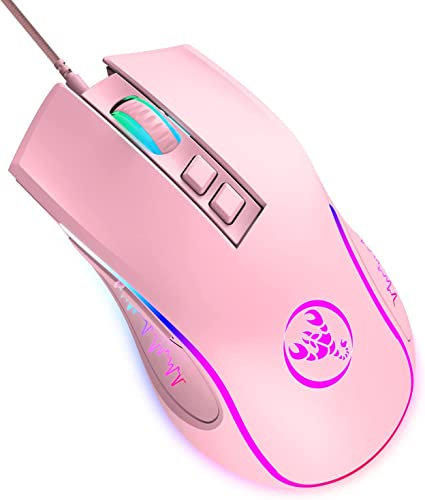 HXSJ X100 Gaming Mouse Wired,Ergonomic PC Gaming Mice with 7 Colors LED Backlit, 7 Buttons,Gaming Optical Sensor,4 DPI Level Settings,Up to 3600 DPI,Lightweight,for PC,Laptop,Mac,PS4,XBOX - Pink