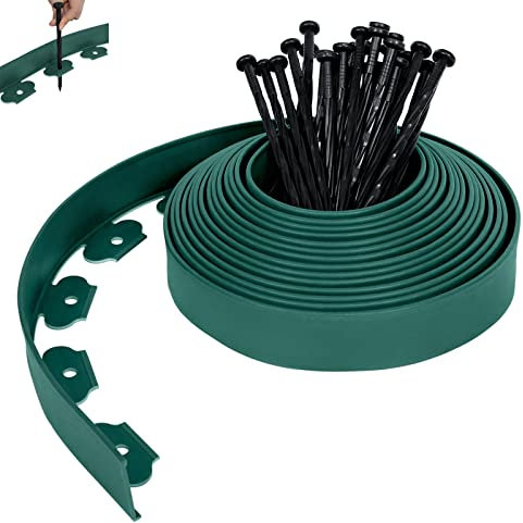 XMTECH Bordure de pelouse flexible en plastique - 40 m - Avec 120 piquets de fixation - Bordure de parterre de fleurs - Vert