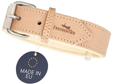 FREUDENTIER® Hundehalsband aus Leder, Made in EU, gefüttert & super komfortabel, hochwertiges breites Lederhalsband aus Vollnarbenleder, Model “Amstelpark” (42-52cm Halsumfang, Sand)