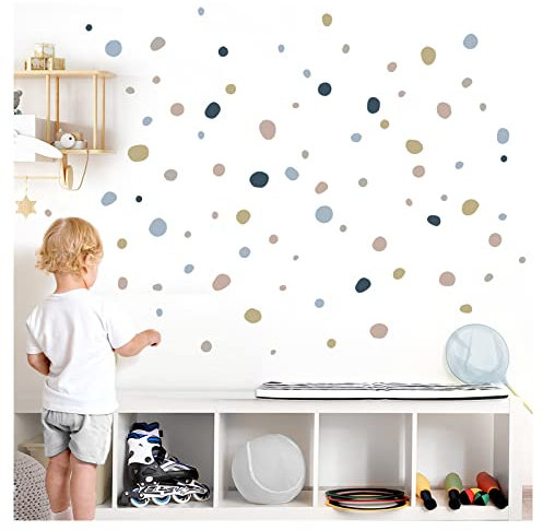 Little Deco Wandsticker Tupfen Dots für Babyzimmer 92 Stück Wandtattoo Kinderzimmer Klebepunkte Kreise in Beige Blau Grau Set Wandaufkleber Wanddeko DL925-16