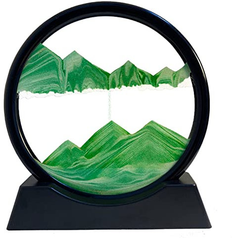 SANDCLE Peinture de Sable Mobile - Cadre Dynamique avec Art de Sable en Mouvement dans un Verre Rond, 3D Paysage pour Décoration Bureau (Vert, 12 Pouces)