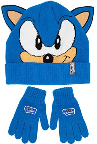 Sonic the Hedgehog Hut und Handschuhe Kinder Blaue 3D Ohren gestrickt
