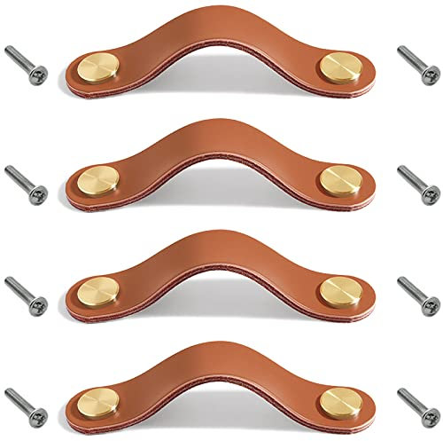 4 Stück Leder Möbelgriffe Echtes Leder und Kupfer Knopf Schrankgriff Knöpfe Ledergriff für Küchenschränke Schränke (Hellbraun, Doppelloch)