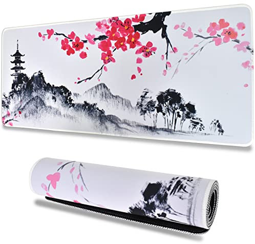 Größere Gaming Mauspad, Sakura Mauspad, Motiv Tuschemalerei, Schwarz und weiß Cherry Blossom, Genähte Kanten, Mauspad, Lange rutschfeste Gummiunterseite, 300x800x3mm, für PC, MacBook, Laptop