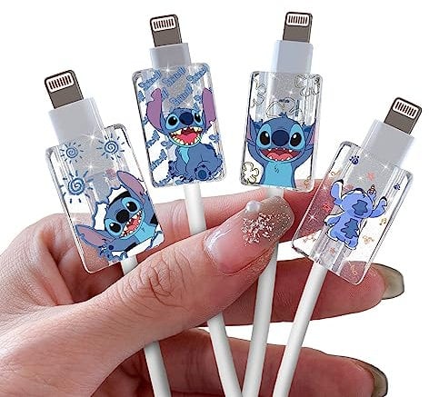 DiyGody Cute Cable Protector for iPhone Type-c Charger,Glitter Design Blue Big Ear Dog Pattern 4 PCS Set Bling Cable Phone Protector for Women Girls,Charging Cord Protector,Cable Chomper,Cord Saver